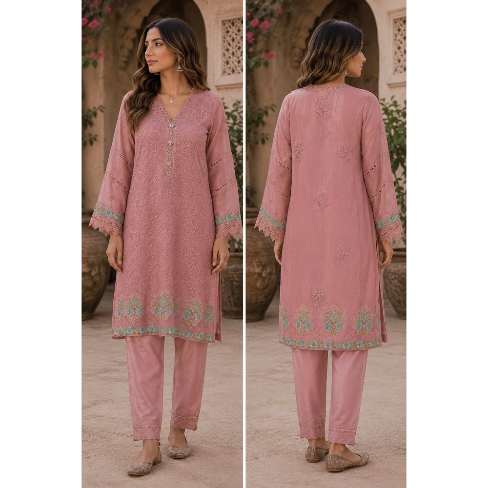 Mishal Studio Women Small 2pc Salwar Kameez Pink Embroidered Tunic Pants Set